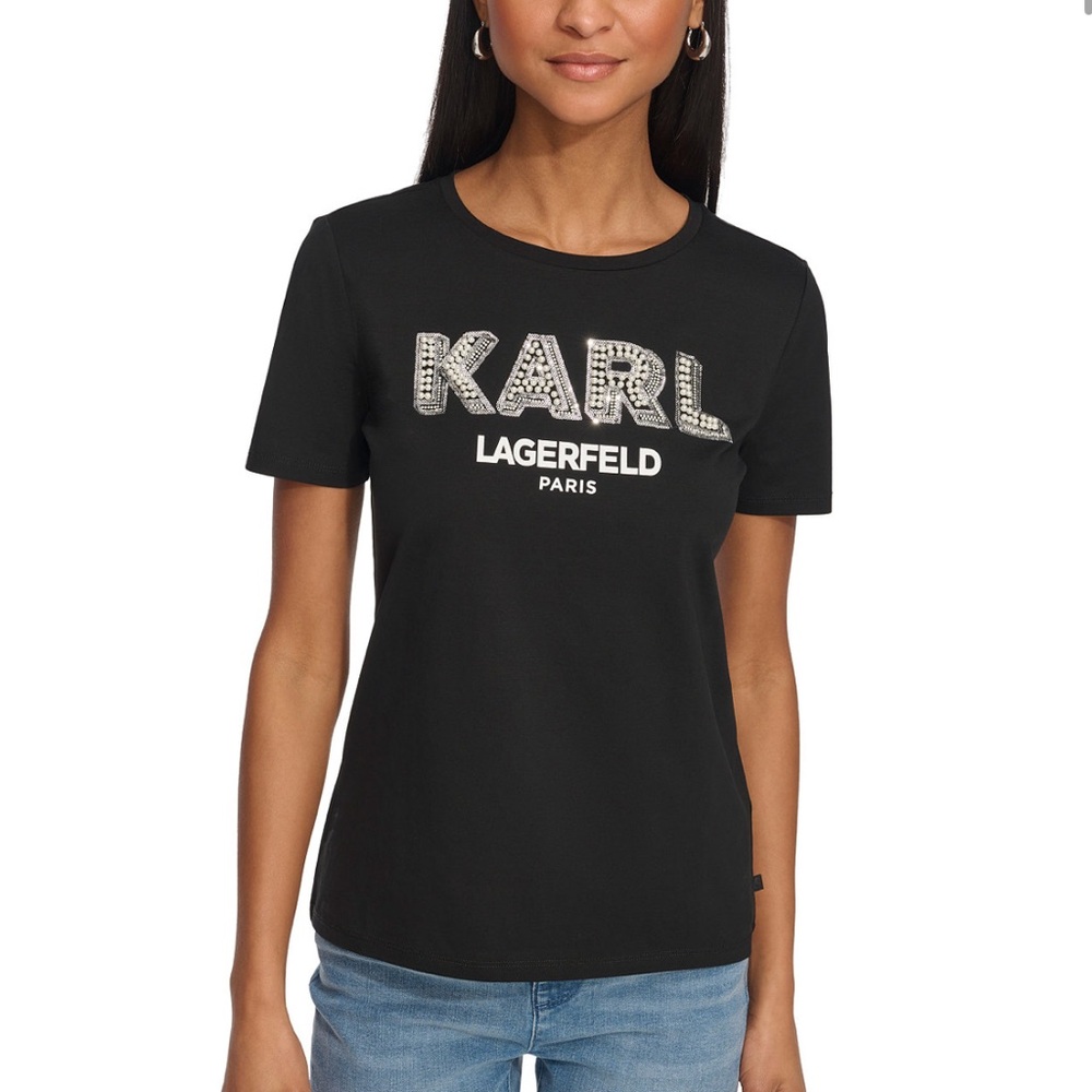 - KARL LAGERFELD PARIS Women's Imitation-Pearl Karl T-Shirt, size small